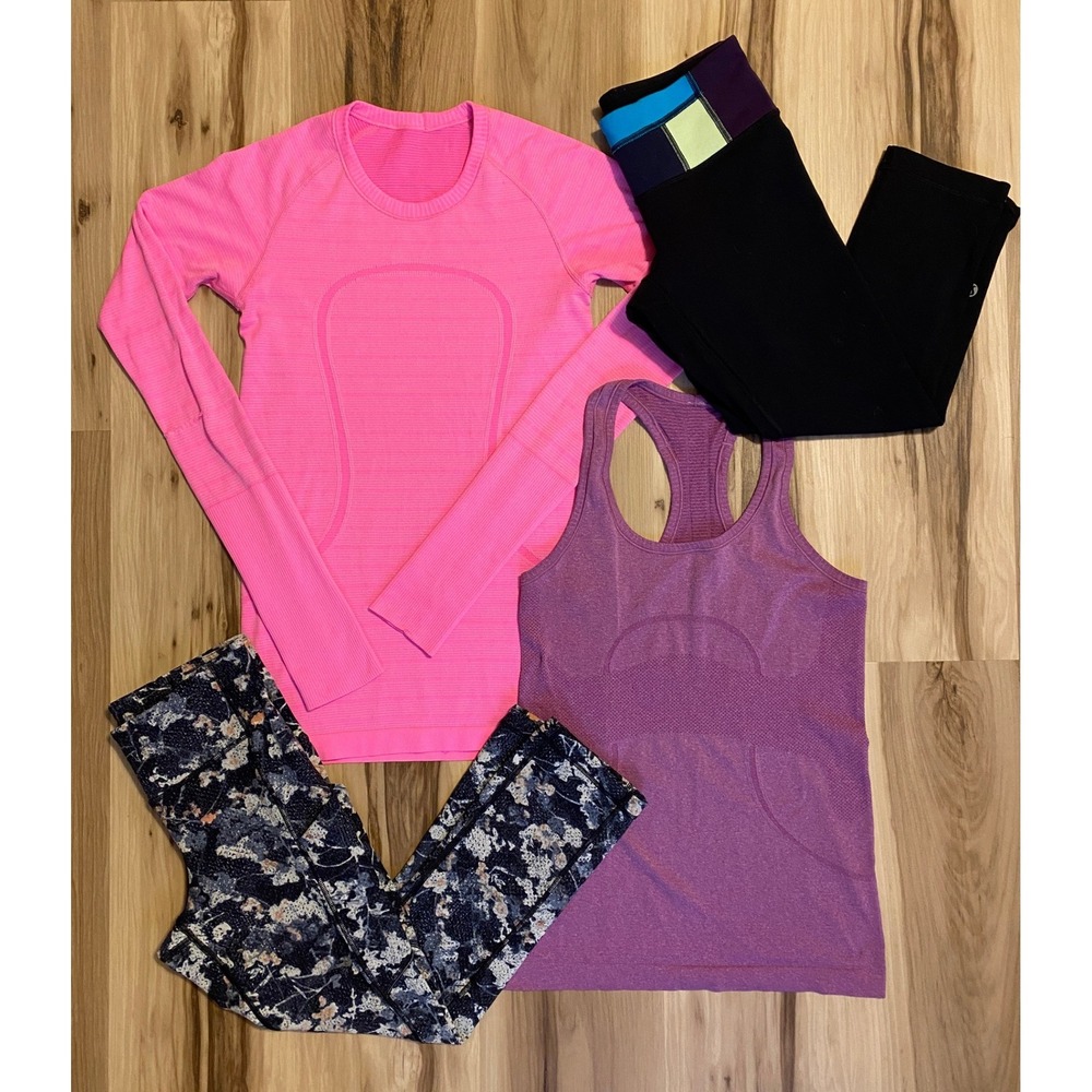 Lululemon Bundle Swiftly Tech Tops Pink Purple Leggings Floral Black Size 4 Lot